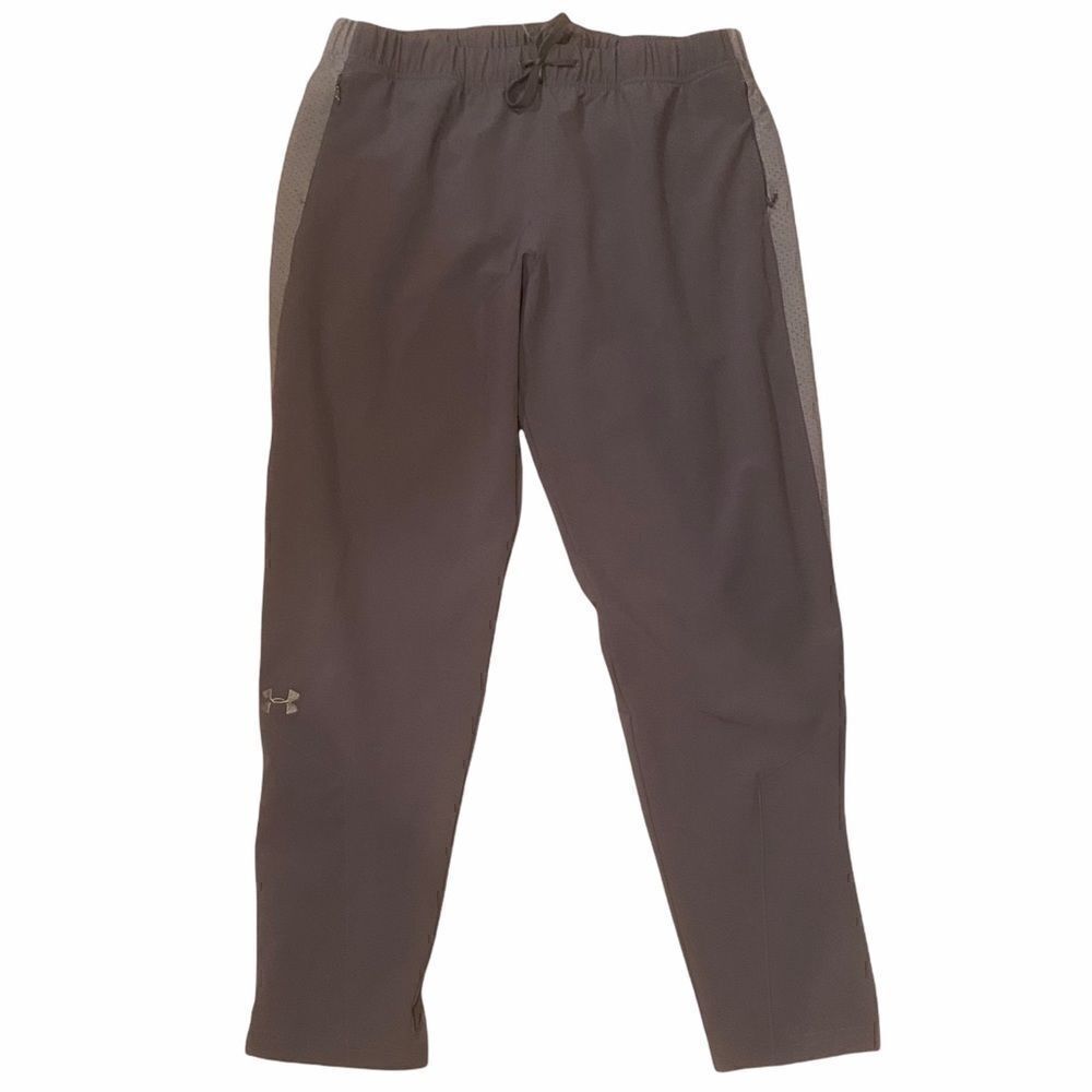 Under Armour Light Grey Wind Pants Sz Large Drawstring Side Zips Stripe on side